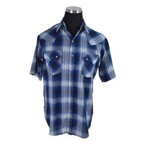 Plains Western Wear Mens Shirt Medium Blue White Check Snap Button Cotton Blend